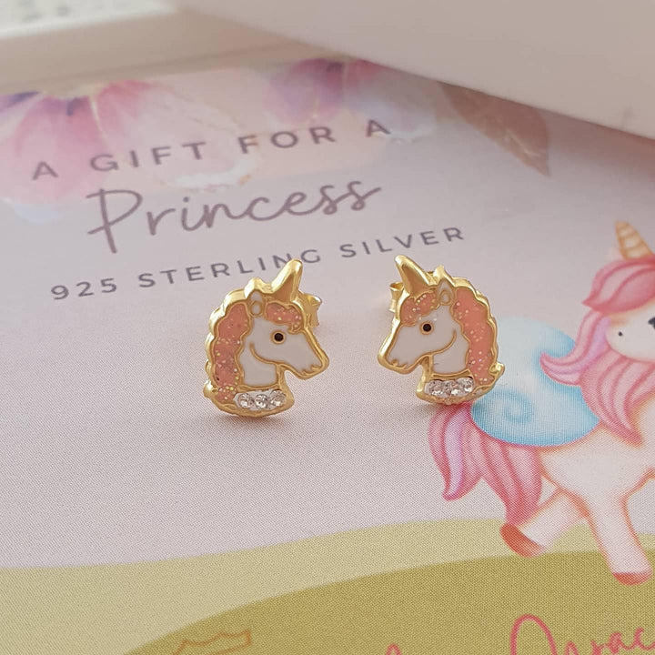 GOLD PLATED 925 STERLING SILVER UNICORN EARRINGS, 8X11MM
