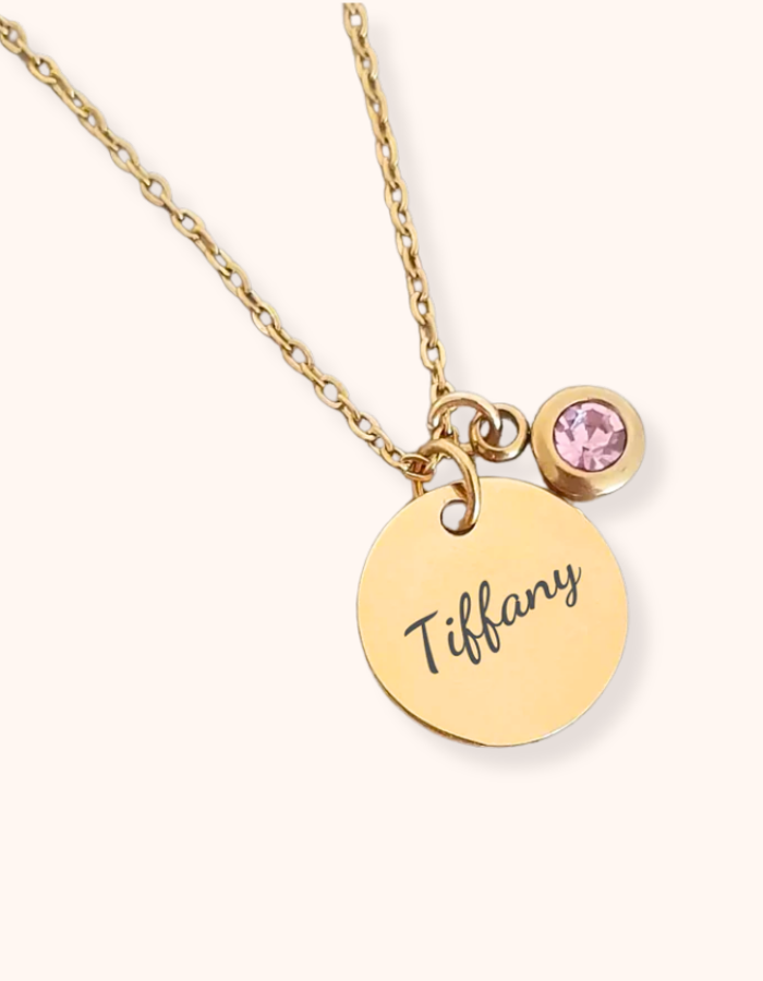 Personalised Disc Necklace - available with Pink or Clear Stone (Ready in 7 days!)