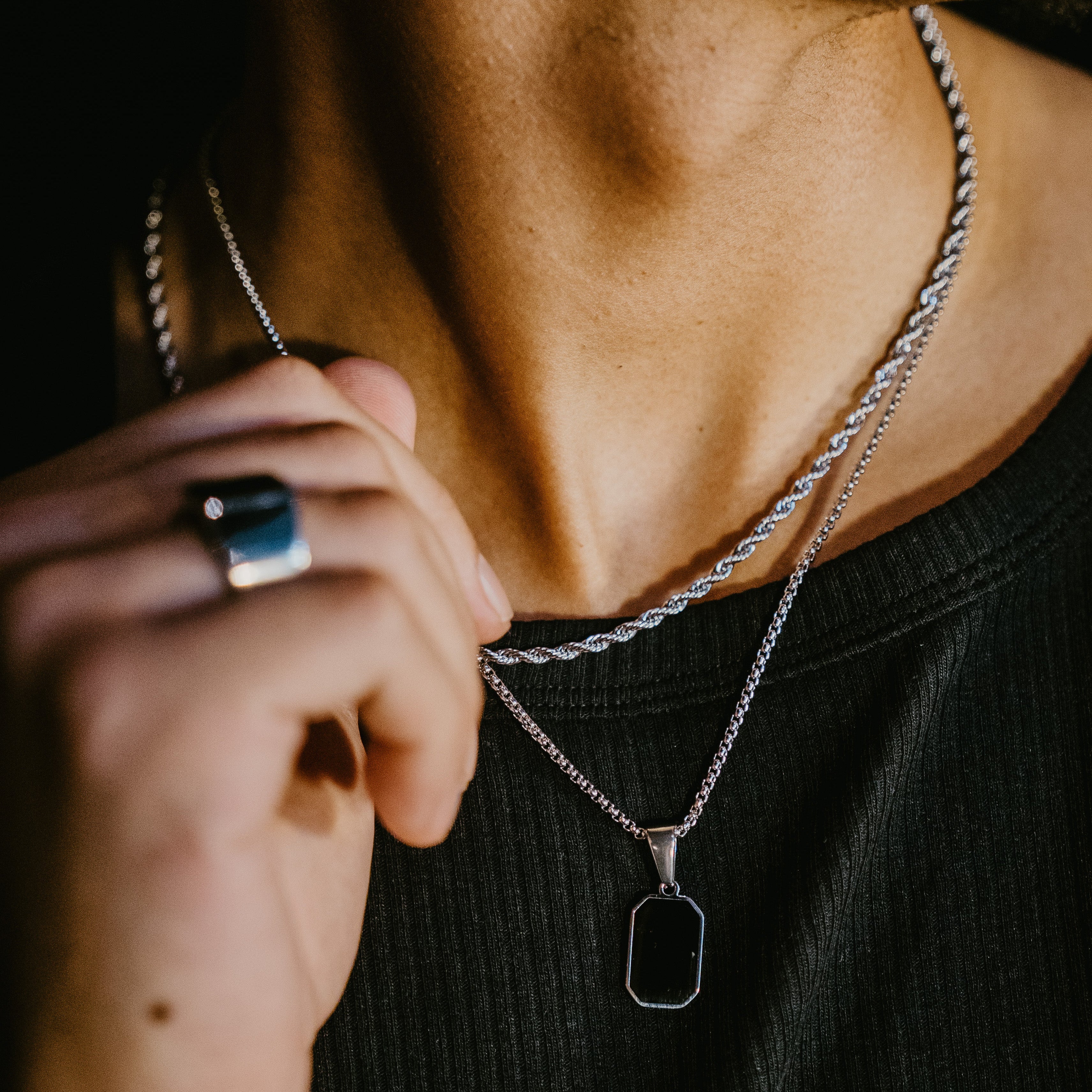 HOMME MENS BLACK PENDANT NECKLACE
