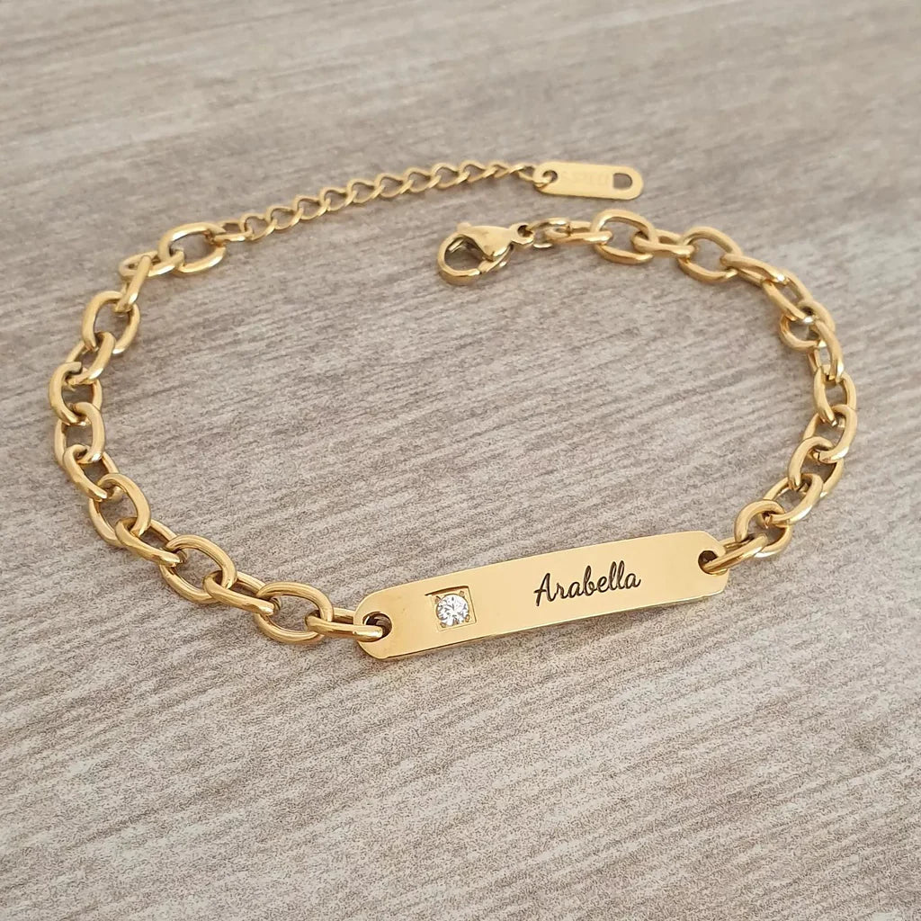 Gold Personalized CZ ID bracelet, Adjustable Size (Ready in 4 Days)