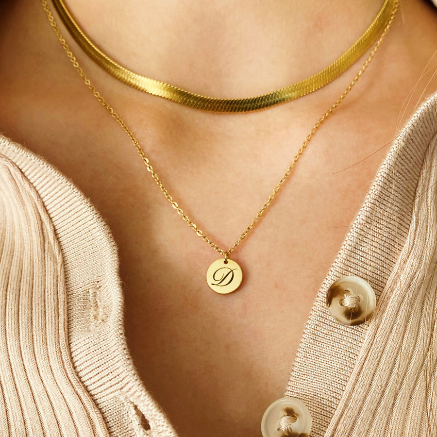 Personalised Cursive Mini Initial Disc Necklace - READY IN 4 DAYS ( Available in Gold, Rose - Gold & Silver )